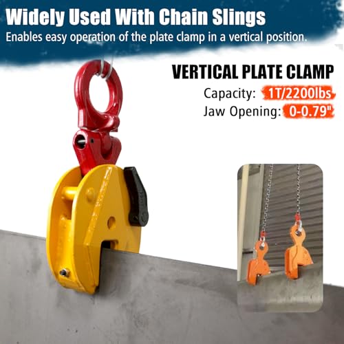 Vertical Plate Lifting Clamp,2200lbs Capacity Heavy Duty Steel Plate Clamp 1T with 0.8 Inch Jaw Opening, Industrial Lifting Clamp for Sheet Metal and Steel Plate Handling - color: 2200lbs-vertical - Rotating Ring