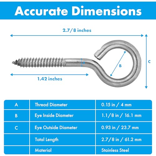 Harrier Hardware Stainless Steel Screw Eyes, 3/8 x 4-7/8-Inch, Heavy Duty Eye Bolts, 250lb Safe Working Load, Rust Resistant, 3-Pack