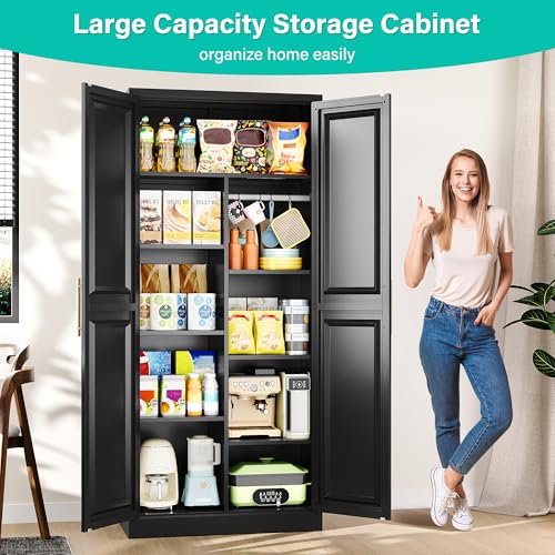 SISESOL 71" Tall Storage Cabinet with 9 Shelves and Hanging Rod,Kitchen Pantry Cabinet with 2 Door,Black Metal Storage Cabinets,Large Cupboard for Home,Kitchen,Laundry,Bathroom - color: Black, size: 31.5"W