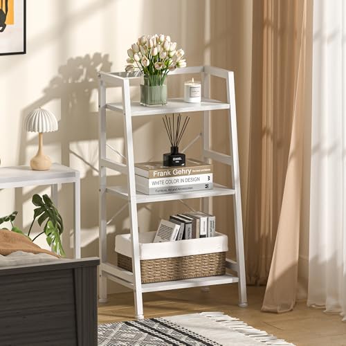 3-Tier Bookshelf, Ladder Shelf, Stand Up Shelves, Industrial Bookcase with Steel Frame, Metal Small Bookcase, for Living Room, Home Office, Kitchen, Bedroom, Industrial Style（White） - color: White, size: 3 Tier (11.8"D x 16.5"W x 31.3"H)