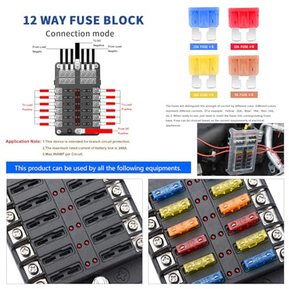 12 Way 12V Fuse Box Blade, 12Volt Fuse Block with LED Indicator Waterproof Cover - 12-Way Individual Positive Fuse Holder with Ground Bus Holder for 12V/24V AutoTruck Boat Marine RV Van Vehicle - color: 12 Way