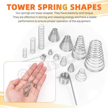 148Pcs 15 Sizes Stainless Steel Conical Spring Compression Springs Assortment Set Cone Compression Spring Tower Pressure Spring Taper Spring - size: 15 assorted sizes