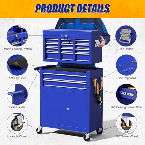 10-Drawer Rolling Tool Chest with wheels, Lockable 2-in-1 Tool Box