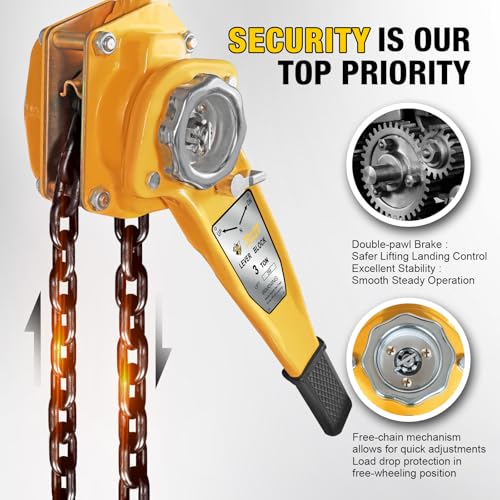 YELLOW JACKET 3 Ton Manual Lever Chain Hoist, 10 FT Come Along, G80 Galvanized Carbon Steel with Weston Double-Pawl Brake, Chain Come Along and Safety Measures for Chain Fall - size: 3 Ton 10FT