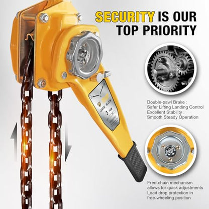 YELLOW JACKET 3 Ton Manual Lever Chain Hoist, 10 FT Come Along, G80 Galvanized Carbon Steel with Weston Double-Pawl Brake, Chain Come Along and Safety Measures for Chain Fall - size: 3 Ton 10FT