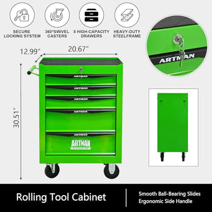 5-Drawer Rolling Tool Chest, Lockable for Garage, Green - color: Green, size: 5-Drawers