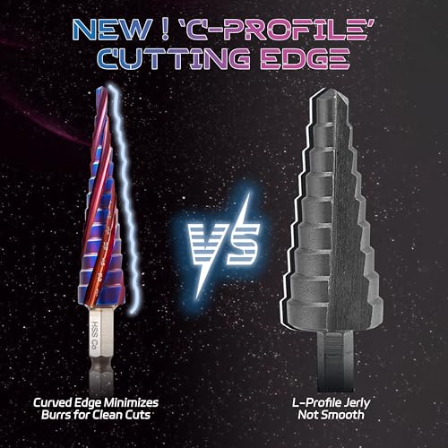 Four Spiral Flute Cobalt Step Drill Bit(Pro),M35 High Speed Steel,1/4" Hex Shank Step Bits for Metal, Stainless Steel, Aluminum, Plastic,1/8" - 1/2"(13 Step Size) - size: 1/8" - 1/2"