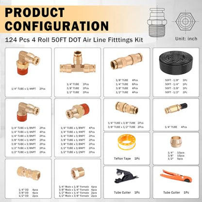 CheeMuii 124PCS Brass DOT Air Line Fittings with 4 Roll 50FT DOT Air Lines - size: 50FT-4ROLL-124PCS