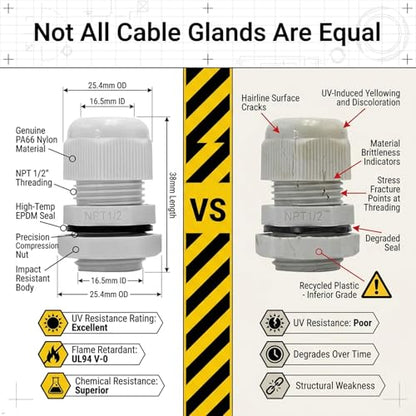 1/2 in. NPT Cable Glands, IP68, Nylon PA66, Gray, 50 Pack - color: Gray, size: 1/2"-50pcs