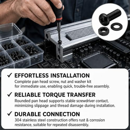 #8-32 x 1-1/2" (20 Sets) Pan Head Machine Screws Nuts Washers Assortment Kit, Black Oxide 304 Stainless Steel Phillips Drive Full Thread - size: #8-32 x 1-1/2"