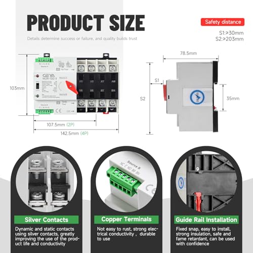 GEYA 4P 100A AC110V Automatic/Manual Transfer Switch,ATS Dual Power Auto Transfer Switch,Uninterruptible Millisecond-Level ATS,DIN Rail Mounting（W2R 4P 100A AC110V） - size: 4P-100A-AC110V