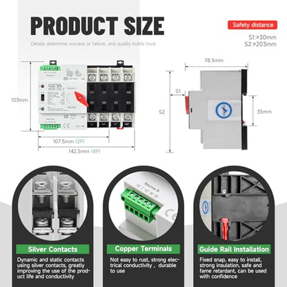 GEYA 4P 100A AC110V Automatic/Manual Transfer Switch,ATS Dual Power Auto Transfer Switch,Uninterruptible Millisecond-Level ATS,DIN Rail Mounting（W2R 4P 100A AC110V） - size: 4P-100A-AC110V
