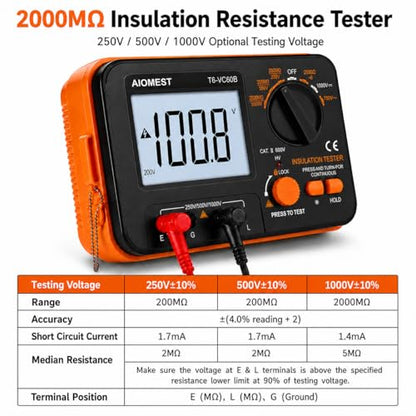 Megohmmeter 1000V Megaohm Meter, AIOMEST Insulation Resistance Tester VC60B - color: orange