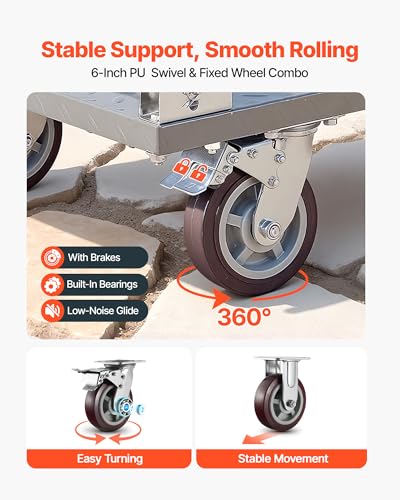 VEVOR 2 in 1Platform Truck, 2650 LBS Heavy Duty Flatbed Cart Dolly with Detachable Rear Guardrail and Swivel Wheels, Foldable Hand Push Truck Cart for Groceries, Garage, Warehouse (48"×24") - size: 48.0 x 24.0 x 36.2 in/1220 x 610 x 920 mm