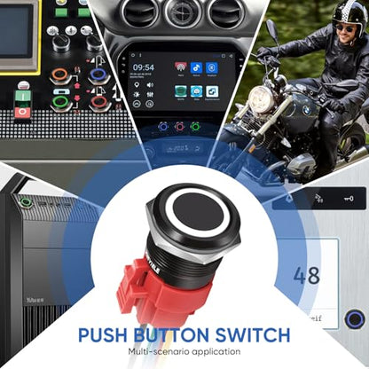 22MM Latching 12V Push Button Switch On/Off,Waterproof with LED Light Power Metal Button Switch for Marine,0.87" Hole with Wire Socket Plug Self-Locking (Ring White LED/Black Shell) - color: Black Shell-White