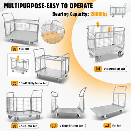 Platform Truck Cart with Cage, Multipurpose 6 in1 Foldable Flatbed Cart Heavy Duty Push Cart Dolly W/Swivel Wheels 2000lbs Capacity Utility Hand Cart for Grocery/Laundry/Stall/Storage - style: 39"x24" with High Fence
