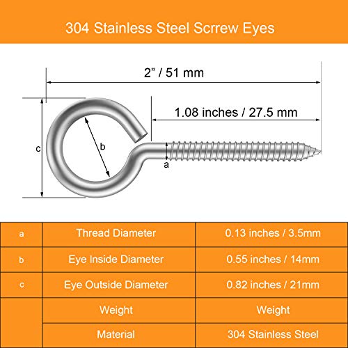 Pack of 20 Metal Hooks, 304 Stainless Steel Screw Eyes, Self-Tapping Eye Bolts, Pending Lights and Wires, Strong Indoor and Outdoor Use - size: 20 Pack - 2"