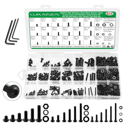 820Pcs Screw Assortment Kit, M2-M4 304 SS Black Hex Button Cap Bolts - size: M2 M3 M4 820pcs 2