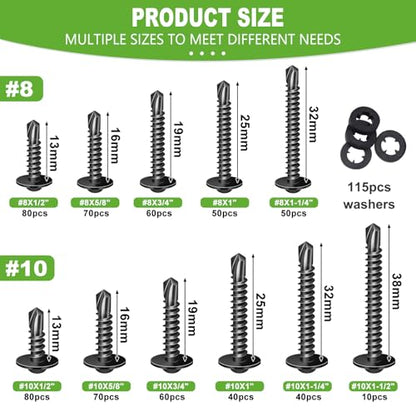 mxuteuk #8#10 Black Self Tapping Screws for Metal,410 Stainless Steel - size: BK 1220PCS #8 #10 Kit