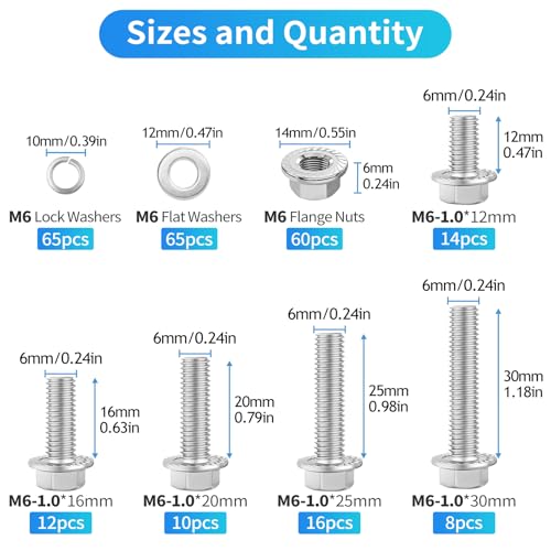 250PCS M6 Flange Hexagon Screws Serrated Flange Nuts Washers,M6-1.0 x 12/16/20/25/30mm Flanged Hex Head Bolts Assortment Kit, 304 Stainless Steel Serrated Flange Nuts and Bolts (M6-1.0 Silver) - size: M6-1.0 Silver