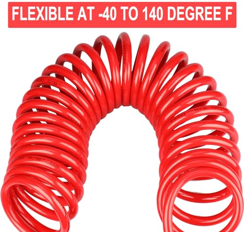 YOTOO Polyurethane Recoil Air Hose 3/8" Inner Diameter by 50' Long with Bend Restrictor, Repairable 1/4" Industrial Quick Coupler and Plug, Red - size: 50 FT