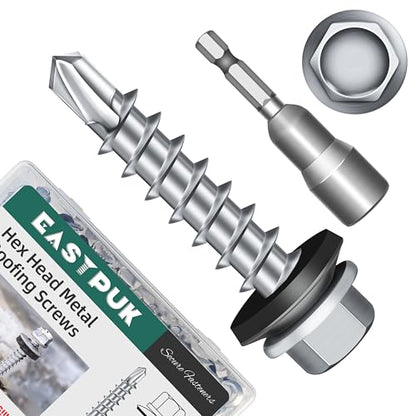 100-pack #10 x 1 Hex Head Self-Drilling Metal Roofing Screws with EPDM Washer, Zinc Plated Wood Screws, Self Tapping Sheet Metal Roof Screws (Diamond Point) - color: Silver, size: #10 x 1"