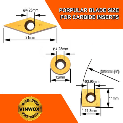 TITANIUM Coated Replacement Wood Turning Carbide Tip Set for VINWOX 3 PCS & 4 PCS Carbide Turning Tool Set, 2 of each Finisher (big and small size), Detailer, 4 of 2" Straight/Radius Combo, Pack of 10 - size: Blade