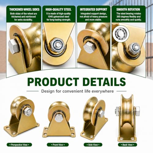 Lyplus 4 Inch U-Groove Pulley Wheels, Heavy Duty Rigid Casters for Square Tube Tracks, 1765 LBS Total Load Capacity, Stainless Steel, 2-Pack - size: 4in-U 2Pack