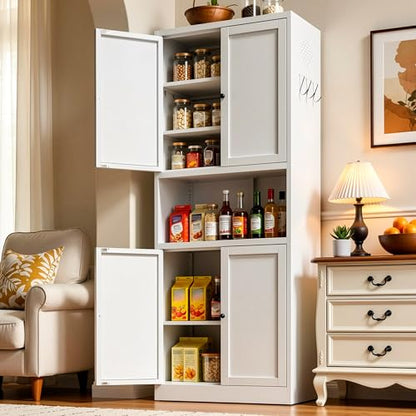AQY Metal Pantry Cabinet, 72" White Kitchen Storage Cabinet with Doors - color: White, style: H72" - 4 Doors Wire Hole Hooks & Vents