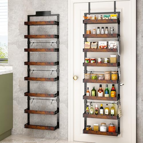 BUKFEN 8-Tier Over the Door Pantry Organizer, Adjustable Wooden Basket - color: Black pole wood color, size: 8 Tier