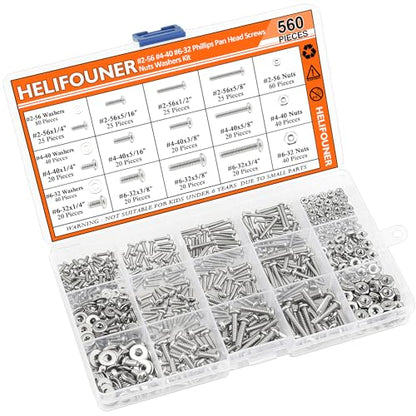 HELIFOUNER 560 Pieces #2-56#4-40#6-32 Phillips Pan Head Machine Screws Nuts Washers Assortment Kit, Coarse Thread, Fully Machine Threaded, 304 Stainless Steel - size: #2-56 / #4-40 / #6-32, style: Phillips Pan Head