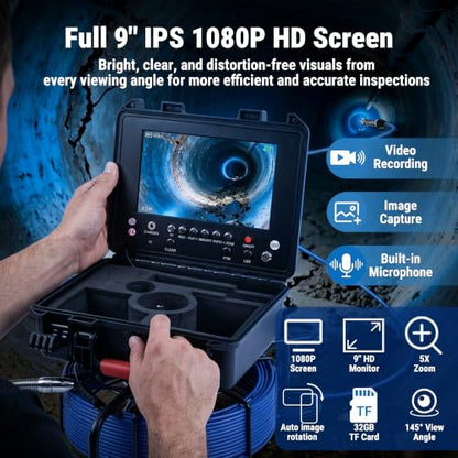 Holdwells Sewer Camera, 9" Pipeline Inspection Camera, 165ft/50m - size: 165FT/50M, style: 9" Screen