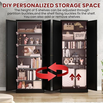 AQY Metal Pantry Cabinet, 72" Black Kitchen Storage Cabinet with Doors - color: Black, style: H72" - 2 Doors Hooks & Vents