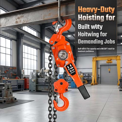 6T Manual Lever Chain Hoist 13200 lbs Capacity 20 FT Chain Puller Hoist Carbon Steel Ratchet Chain Puller for Heavy Duty Lifting in Factories and Construction Sites. - size: 6Ton 20Ft