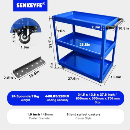 3-Tier Thickened Metal Cart w/Lockable Silent Wheels 440LBS