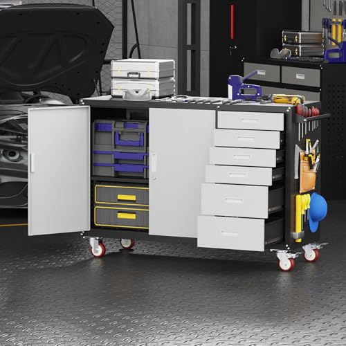 Eltean 55" W Rolling Workbench with 6 Drawers and Storage Cabinet,1000 LB Capacity Heavy Duty Work Bench with Pegboard and Adjustable Shelf,Garage Workbench with Wheels for Repair Shop/Workshop
