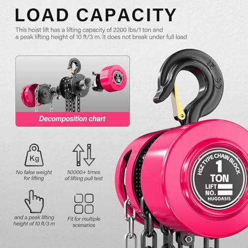 1 Ton Chain Hoist, 2200 lbs Capacity, 8FT Lift Manual Chain Block, Heavy Duty G80 Steel Chain Hoist with Dual-Pawl Brake System and Forged Steel Hooks for Garage, Warehouse Construction,Pink