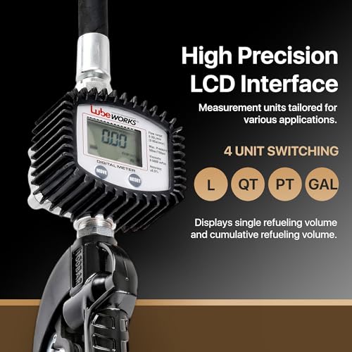 Lubeworks Oil Control Valve Digital Meter Dispensing Nozzle 10GPM/35LPM Heavy Duty Air Operated Pneumatic 1/2" inch NPT Inlet Pressure Range 7-725 Psi 5-50 Bar with Flexible Spout (Not for Gasoline)
