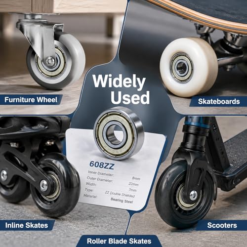 608-ZZ Ball Bearings, 20 PCS Double Metal Sealed Shielded Miniature Deep Groove Ball Bearings, for Skateboards, Roller Skates, and ect (8mm x 22mm x 7mm)