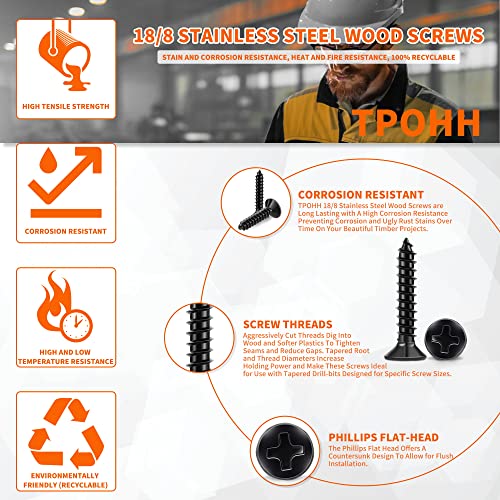 100 PCS #4 X 5/8 inch Stainless Steel 18-8 (A2) Wood Screws, Black Coated Flat Head Phillips Full Threaded 0.63" Length Small Screw by TPOHH - size: #4 X 5/8 inch