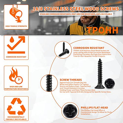 100 PCS #4 X 5/8 inch Stainless Steel 18-8 (A2) Wood Screws, Black Coated Flat Head Phillips Full Threaded 0.63" Length Small Screw by TPOHH - size: #4 X 5/8 inch