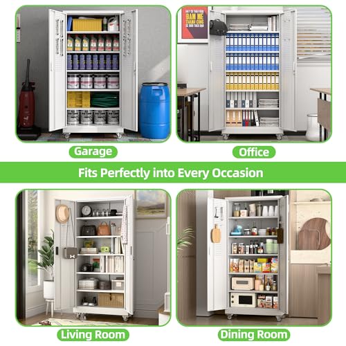 Reemoon Metal Cabinet with 5 Adjustable Shelves,casters and Door pegboard - color: White, size: 16"D x 32"W x 71"H