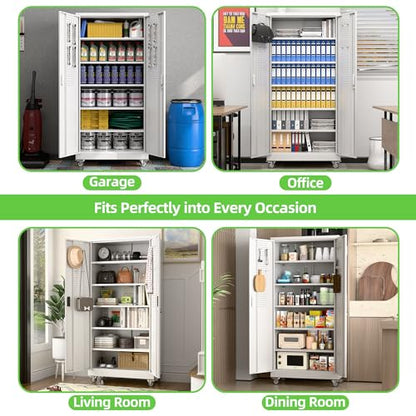 Reemoon Metal Cabinet with 5 Adjustable Shelves,casters and Door pegboard - color: White, size: 16"D x 32"W x 71"H