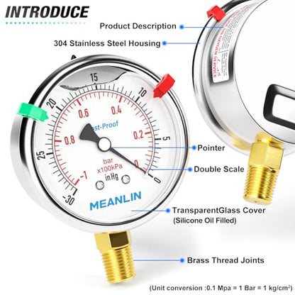 MEANLIN MEASURE -30in HG~0Psi Stainless Steel Vacuum Pressure Gauge 1/4" NPT 2.5" FACE DIAL Silicone Oil Filled Pressure Gauge, WOG Water Oil Air Lower Mount (with 2PCS Snaps) - size: -30inHG-0Psi