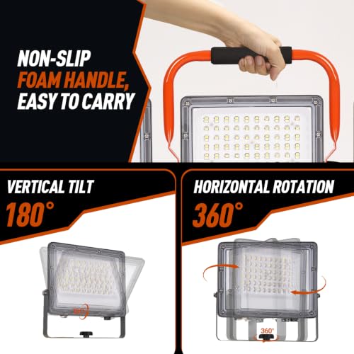 30000 Lumen LED Work Lights with Stand - 3 Adjustable Head Waterproof Foldable Tripod Light, 6500K Daylight (47-68" Height) & 18FT Cord - IP66 Rated for Construction Sites, Garage, Outdoor (Orange)