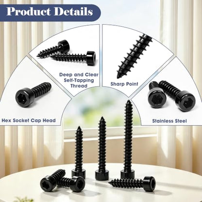 480Pcs M3 Black Metric Hex Socket Cap Head Self Tapping Screws for Plastic