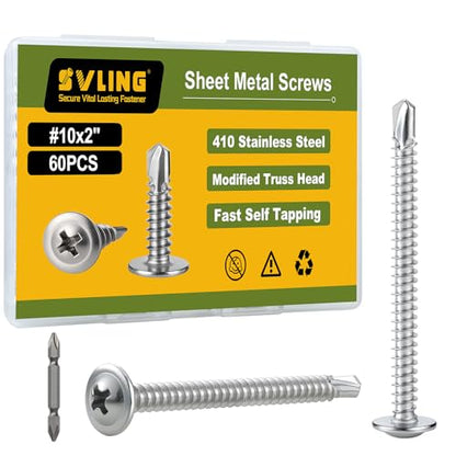 Self Drilling Screws for Metal,#10 x 2 Inch 60Pcs Sheet Metal Modified Truss Head,410 Stainless Steel Self Tapping Screws - color: Silver Self Drilling, size: 10x2"