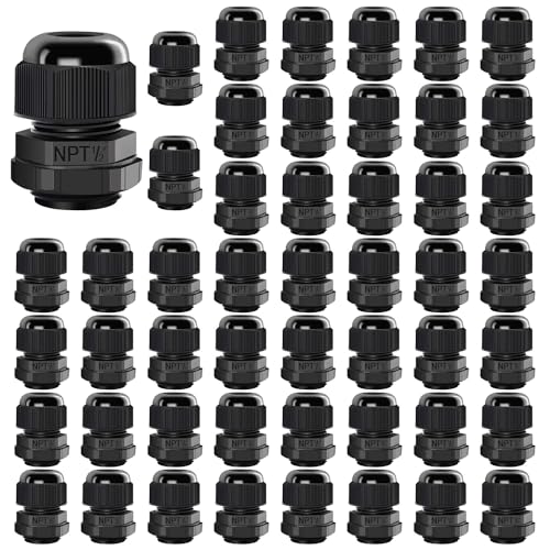 LeMotech 50 Pack NPT 1/2" Cable Glands Waterproof Adjustable 6-12mm Cable Connectors Black Nylon Joints with Gaskets - color: Black, size: 1/2inch 50-pack