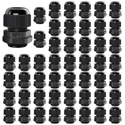 LeMotech 50 Pack NPT 1/2" Cable Glands Waterproof Adjustable 6-12mm Cable Connectors Black Nylon Joints with Gaskets - color: Black, size: 1/2inch 50-pack