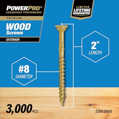 Power Pro Exterior Wood Screws, #8 x 2in, 3000 Pieces, Bronze - color: Bronze, size: #8 x 2"
